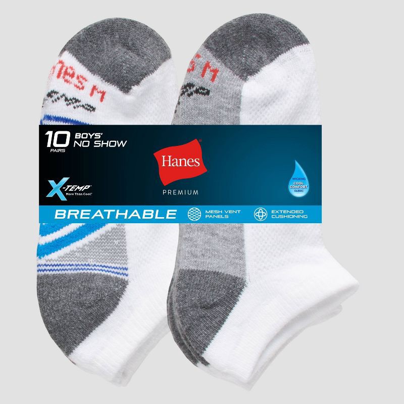 slide 3 of 3, Hanes Premium Hanes Boys' 10pk Premium No Show Socks - White L: Cushioned Heel, Ventilating Mesh, Moisture Wicking, 10 ct