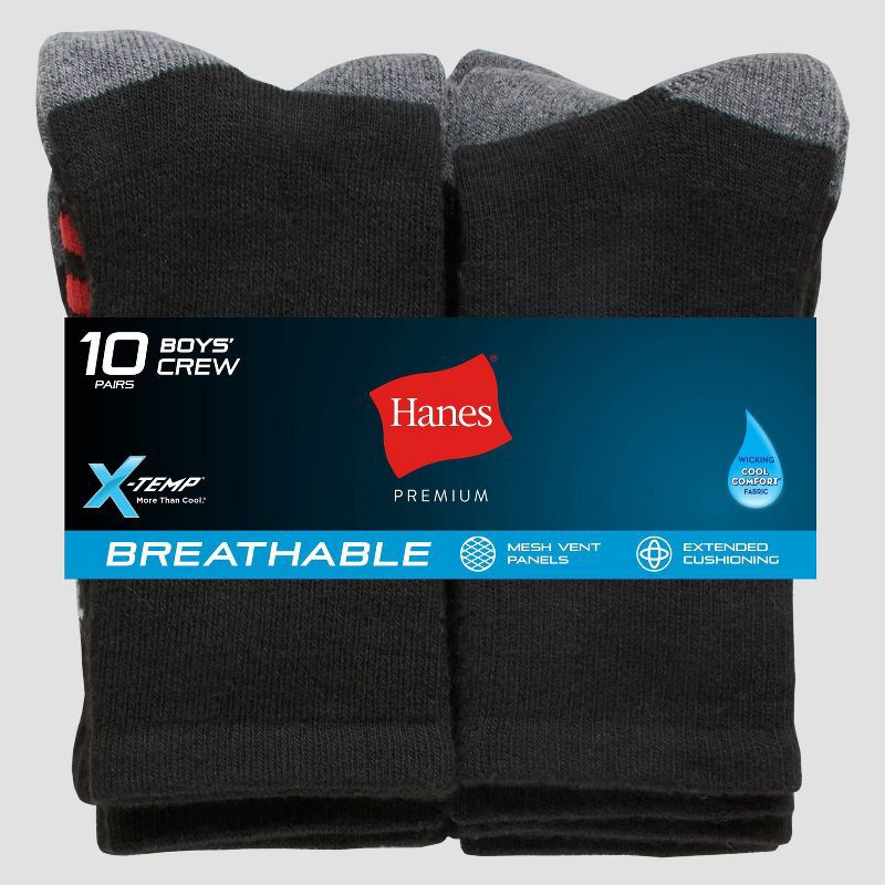 slide 3 of 3, Hanes Premium Hanes Boys' 10pk Premium Crew Socks - Black S: Cushioned Heel, Moisture Wicking, Ventilating Mesh, 10 ct