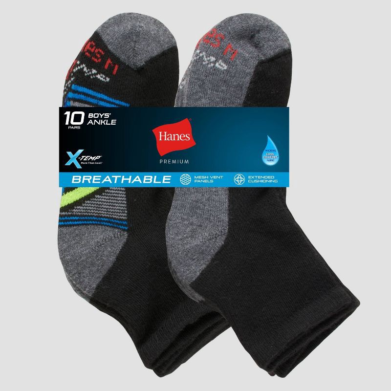 slide 3 of 3, Hanes Premium Hanes Boys' 10pk Premium Ankle Athletic Socks - Black L, 10 ct