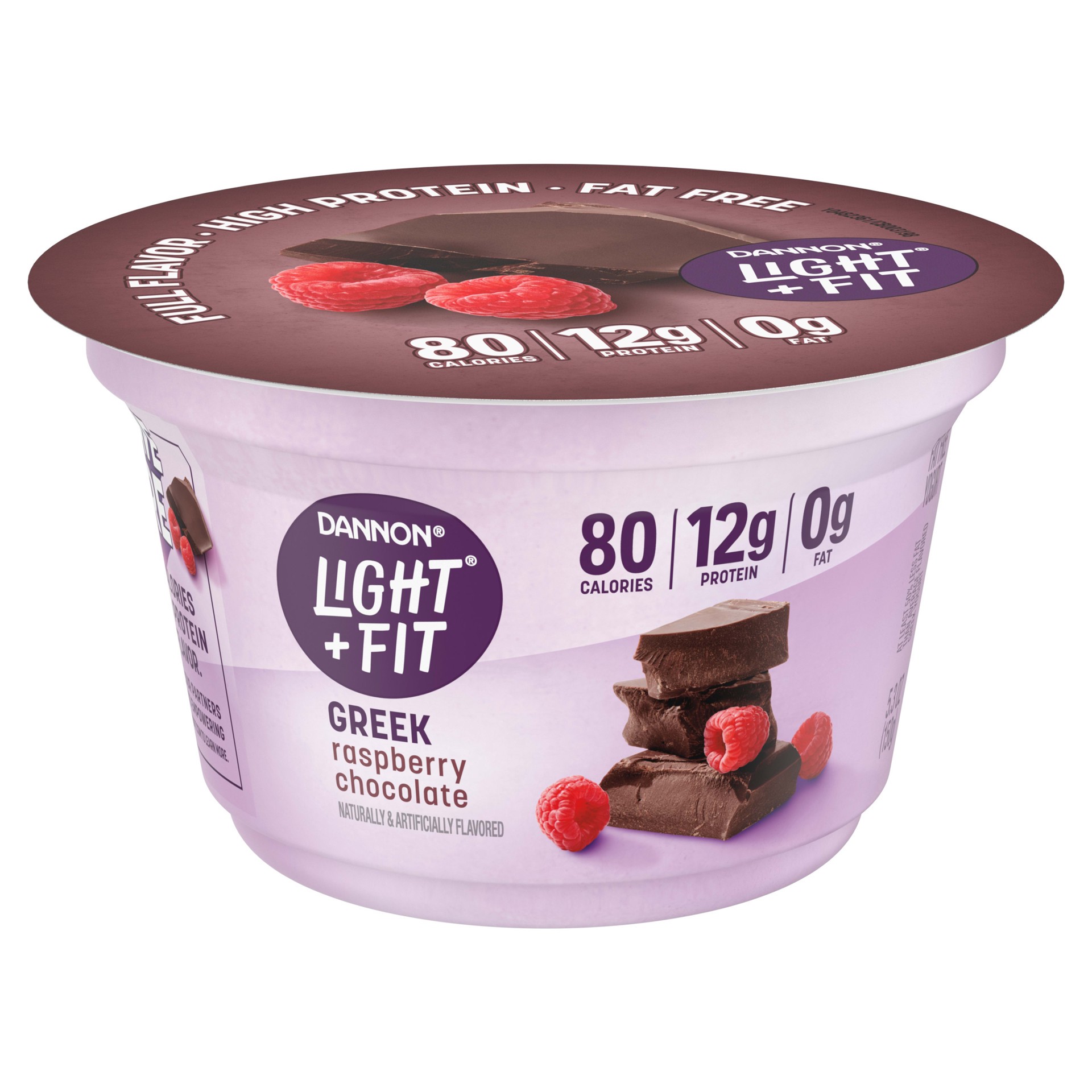 slide 3 of 5, Light + Fit Dannon Light + Fit Raspberry Chocolate Greek Nonfat Yogurt, Creamy and Delicious Gluten Free Yogurt, 5.3 OZ Yogurt Cup, 5.3 oz