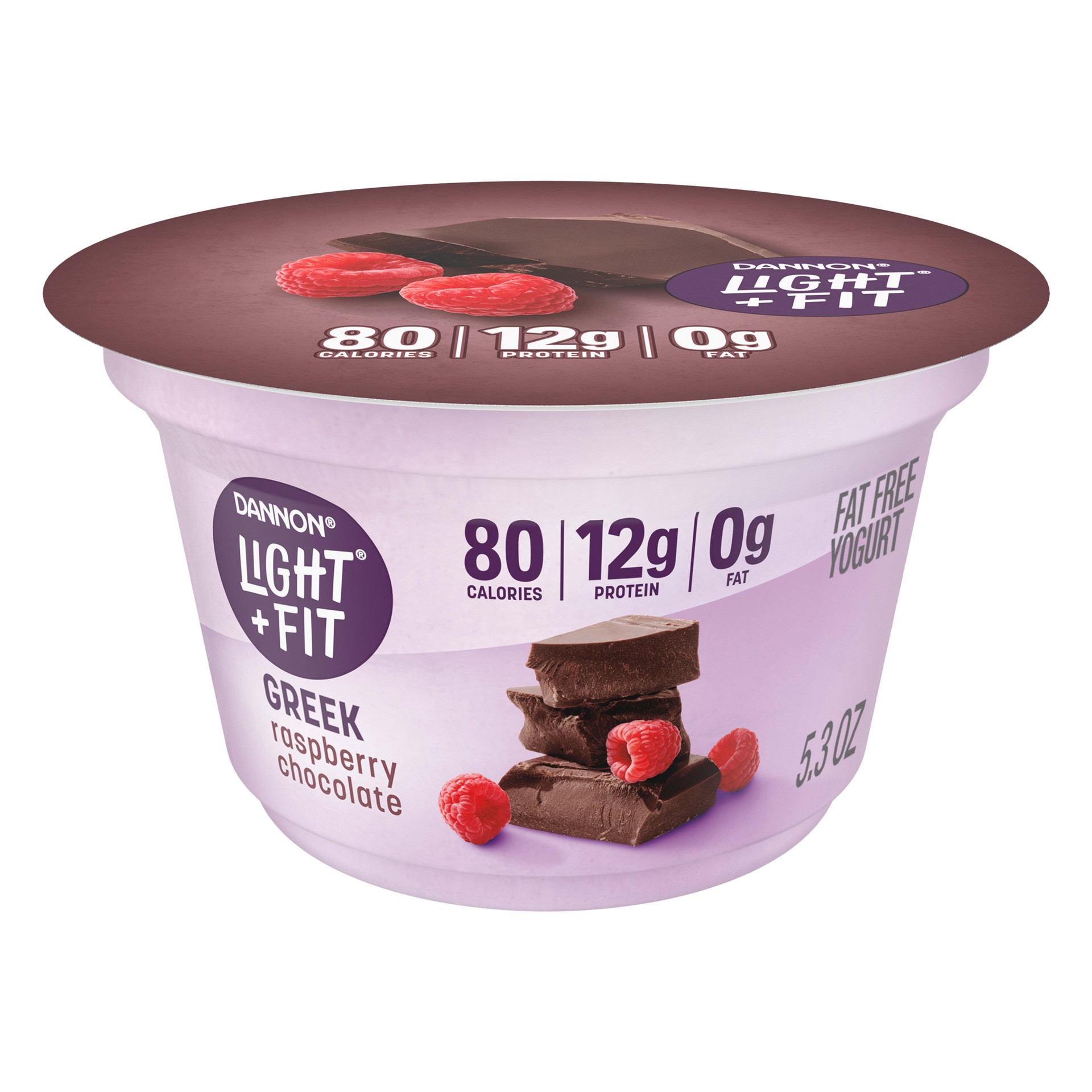 slide 1 of 5, Light + Fit Dannon Light + Fit Raspberry Chocolate Greek Nonfat Yogurt, Creamy and Delicious Gluten Free Yogurt, 5.3 OZ Yogurt Cup, 5.3 oz