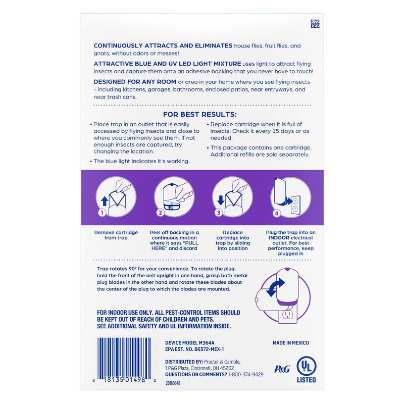 slide 6 of 12, Zevo Indoor Flying Insect Trap for Fruit flies, Gnats, and House Flies (1 Plug-In Base + 1 Refill Cartridge), 1 ct
