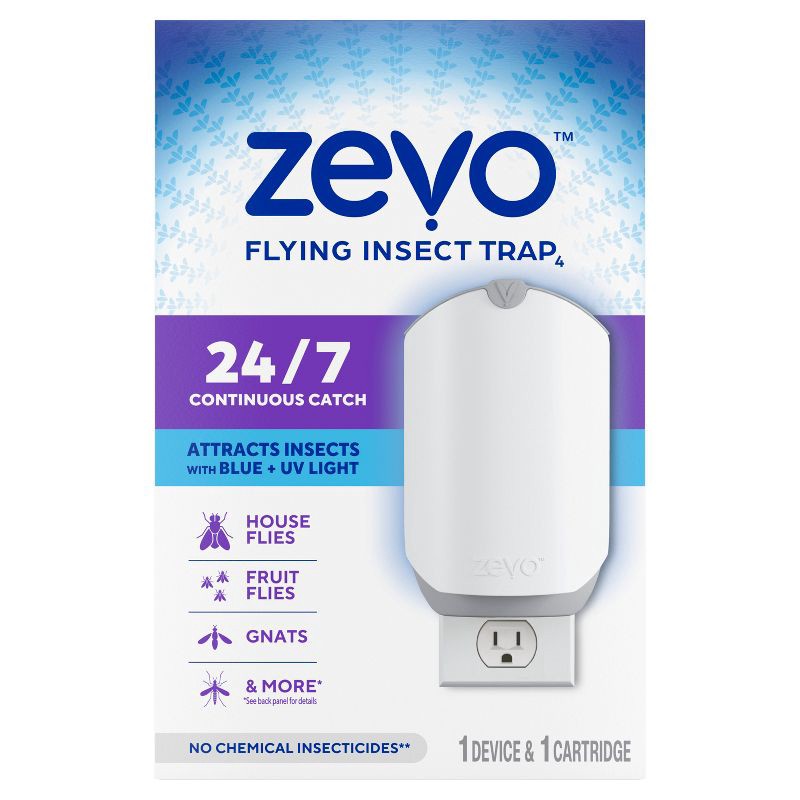 slide 11 of 12, Zevo Flying Insect Indoor Light Fly Trap Starter Kit, Catches House Flies, Fruit Flies, Gnats, & More - 1 Trap + 1 Refill, 1 ct
