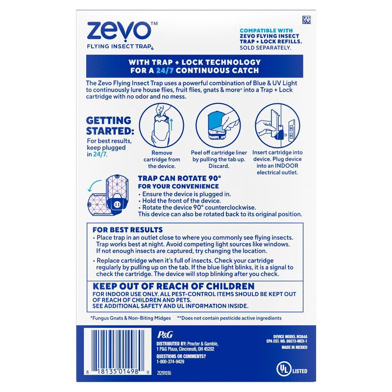 slide 12 of 12, Zevo Flying Insect Indoor Light Fly Trap Starter Kit, Catches House Flies, Fruit Flies, Gnats, & More - 1 Trap + 1 Refill, 1 ct