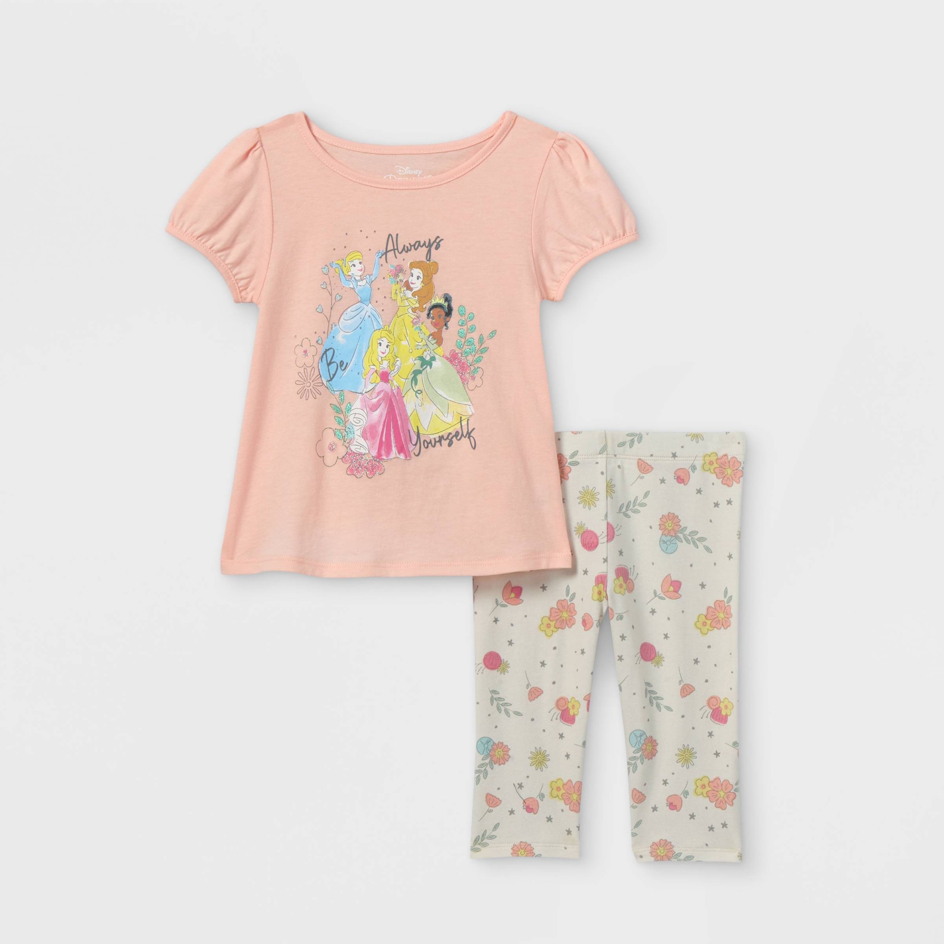 slide 1 of 3, Toddler Girls' Disney Princess 'Always Yourself' Short Sleeve Top and Bottom Set - Pink 2T, 1 ct