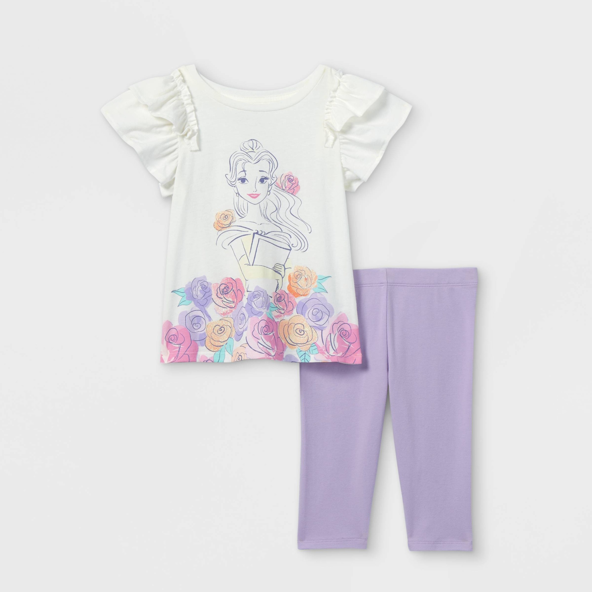 slide 1 of 3, Toddler Girls' Disney Princess Belle Short Sleeve Top and Bottom Set - Purple 2T, 1 ct