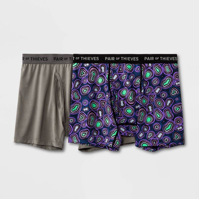 slide 1 of 13, Pair of Thieves Men's Super Fit Boxer Briefs 2pk - Purple/Green Amoeba L: Mid Rise, Microfiber, Elastic Waistband, 2 ct