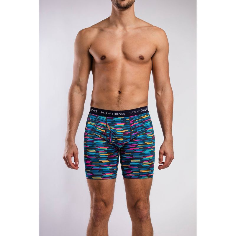 slide 3 of 8, Pair of Thieves Men's Super Fit Solid/Striped Boxer Briefs 2pk - Black/Navy Blue/Light Blue S: Lightweight Microfiber, Mid Rise, 2 ct