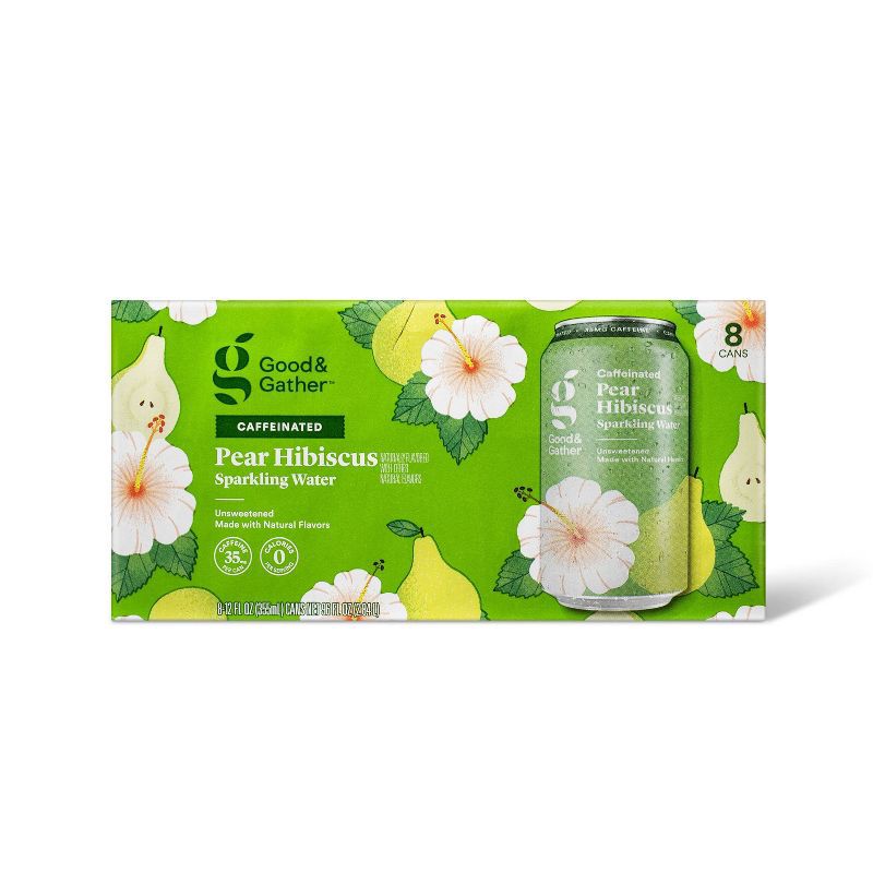 slide 1 of 3, Pear Hibiscus Sparkling Water with Caffeine - 8pk/12 fl oz Cans - Good & Gather™, 8 ct; 12 fl oz