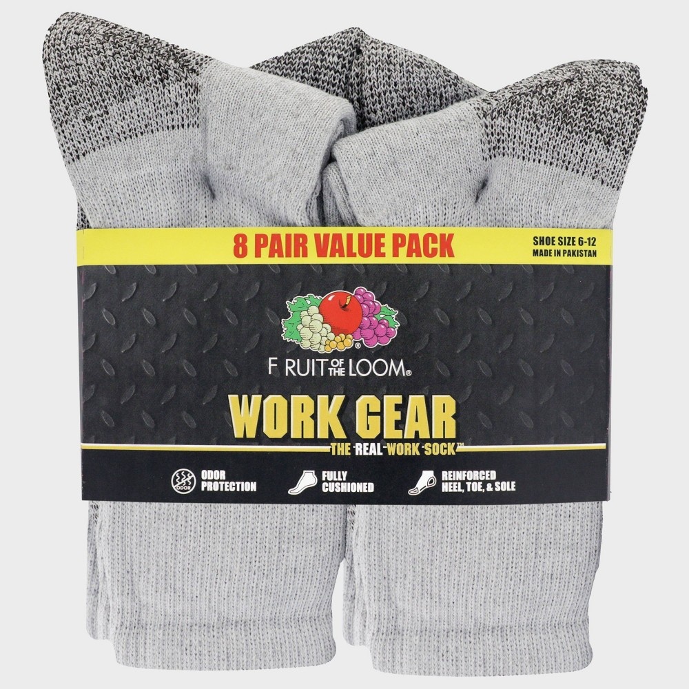 slide 2 of 3, Fruit of the Loom Men's 8pk Work Crew Pack Socks - Gray 6-12, 1 ct