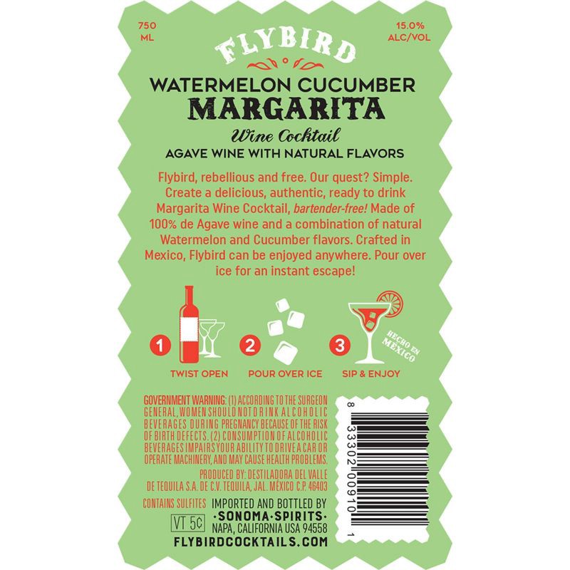 slide 3 of 3, Flybird Watermelon Cucumber Margarita Wine Cocktail - 750ml Bottle, 750 ml