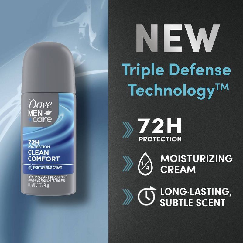 slide 4 of 7, Dove Men+Care 72-Hour Clean Comfort Mini Antiperspirant & Deodorant Dry Spray - Travel Size - 1oz, 1 oz
