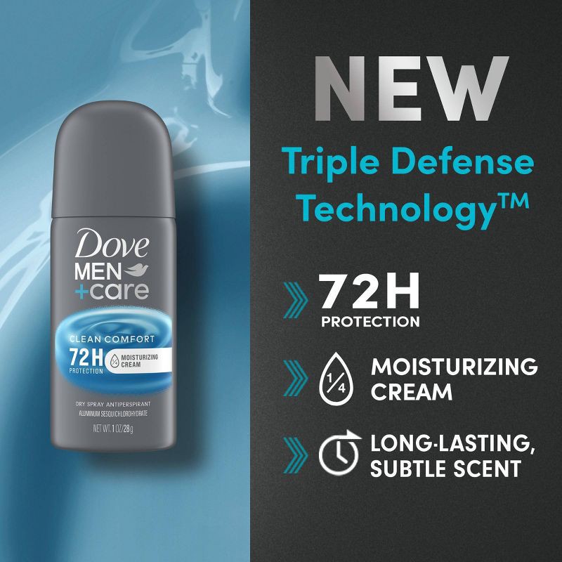 slide 6 of 8, Dove Men+Care 72Hr Clean Comfort Antiperspirant & Mini Deodorant Dry Spray - Travel Size - 1oz, 1 oz