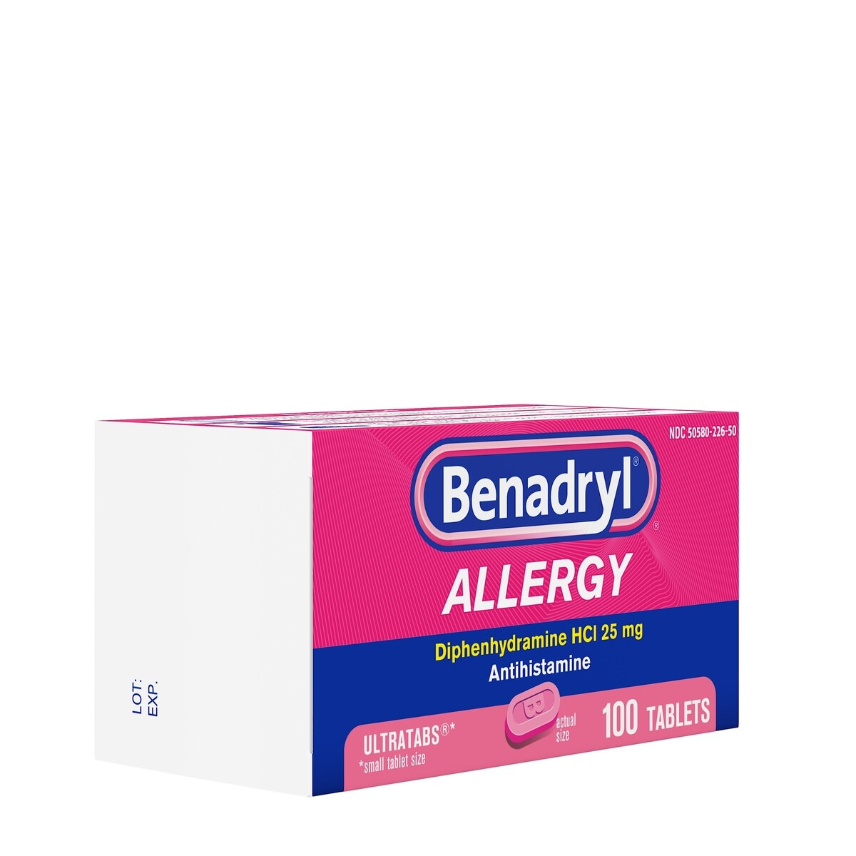 slide 2 of 5, Benadryl Ultratabs Antihistamine Allergy Relief Medicine, 25 mg Diphenhydramine HCl Tablets For Relief of Allergy Symptoms Due to Hay Fever, Upper Respiratory Allergies & More, 100 ct; 25 mg