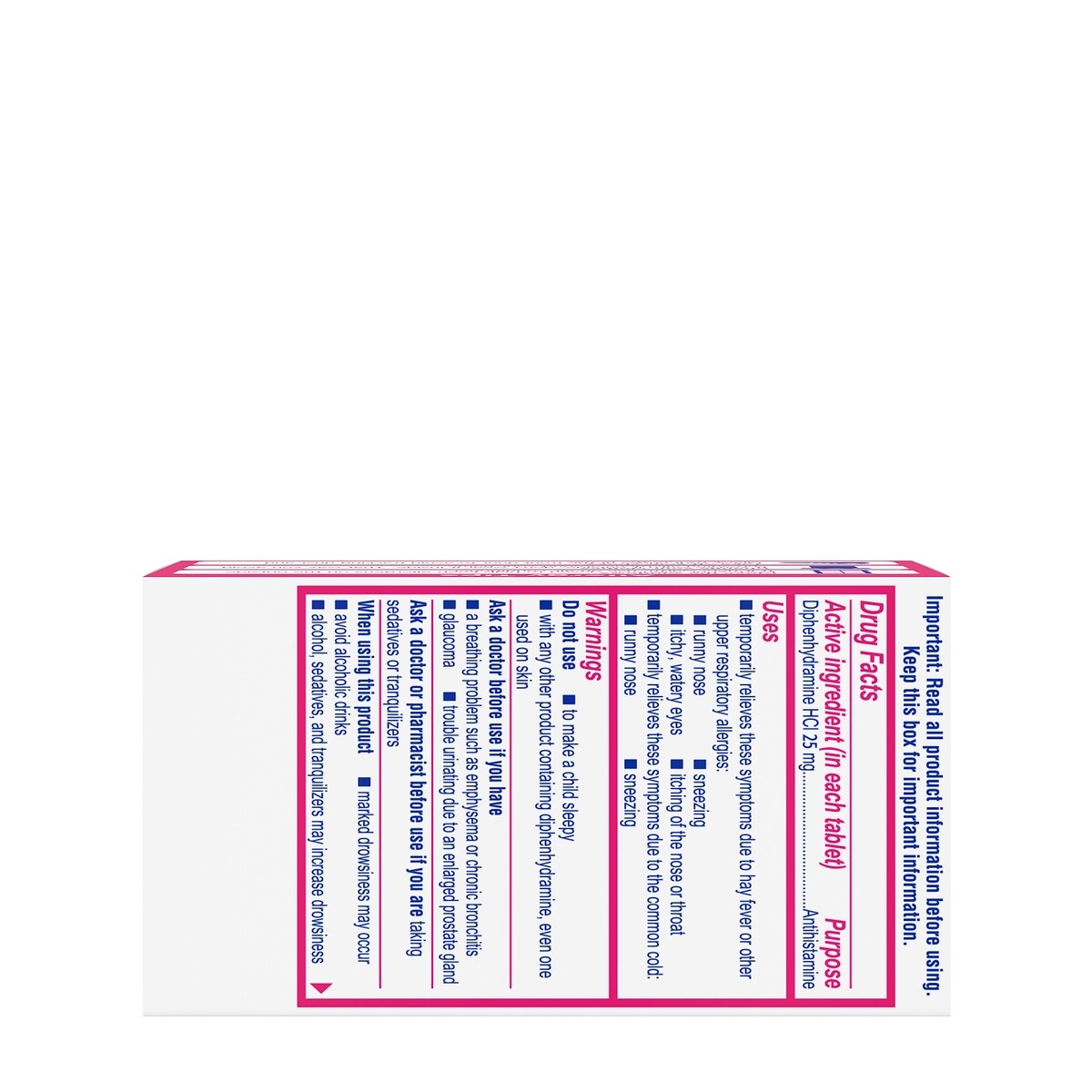 slide 5 of 5, Benadryl Ultratabs Antihistamine Allergy Relief Medicine, 25 mg Diphenhydramine HCl Tablets For Relief of Allergy Symptoms Due to Hay Fever, Upper Respiratory Allergies & More, 100 ct; 25 mg