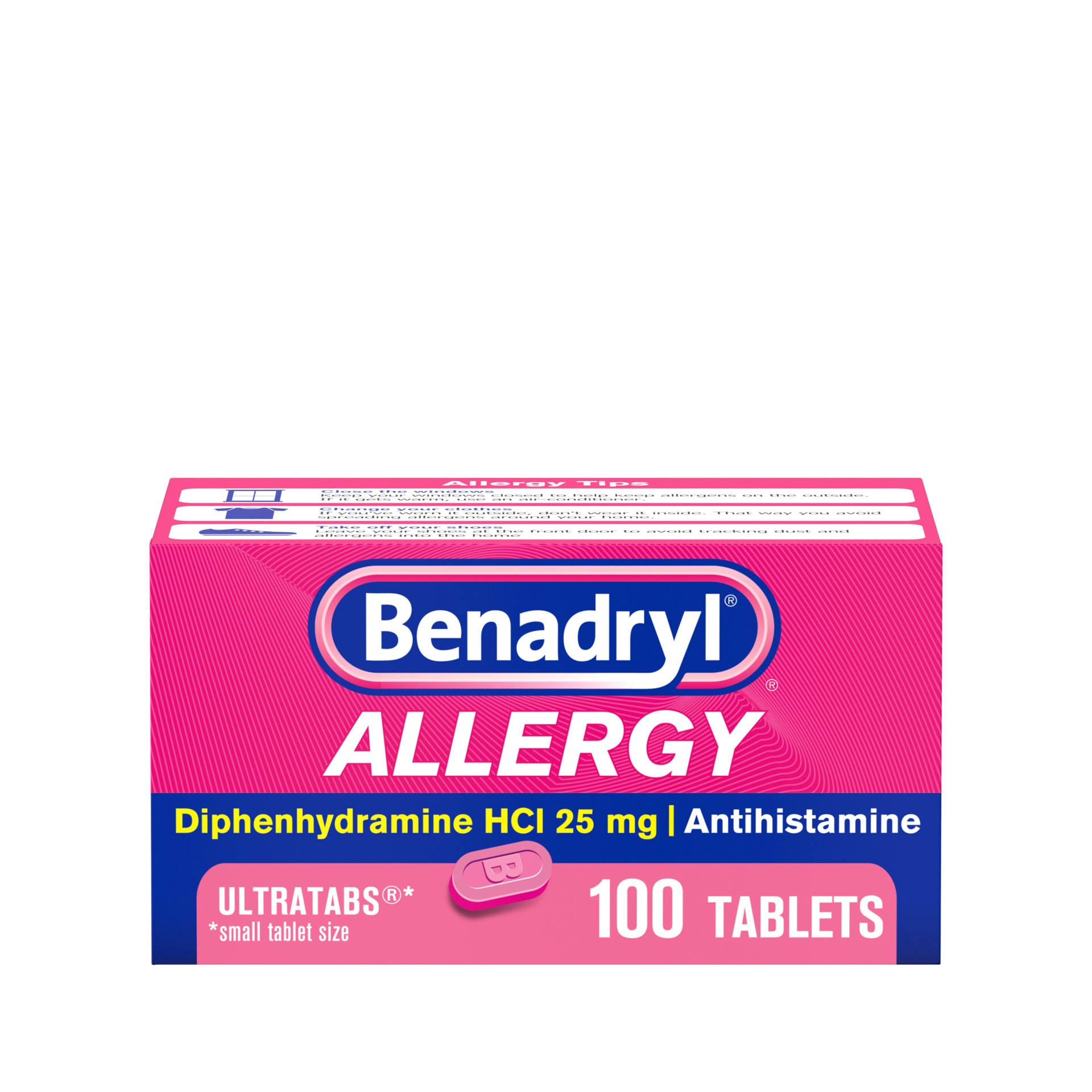 slide 1 of 7, Benadryl Ultratabs Antihistamine Allergy Relief Medicine, Diphenhydramine HCl Tablets For Relief of Cold & Allergy Symptoms Such as Sneezing, Runny Nose, & Itchy Eyes & Throat, 100 ct, 100 ct