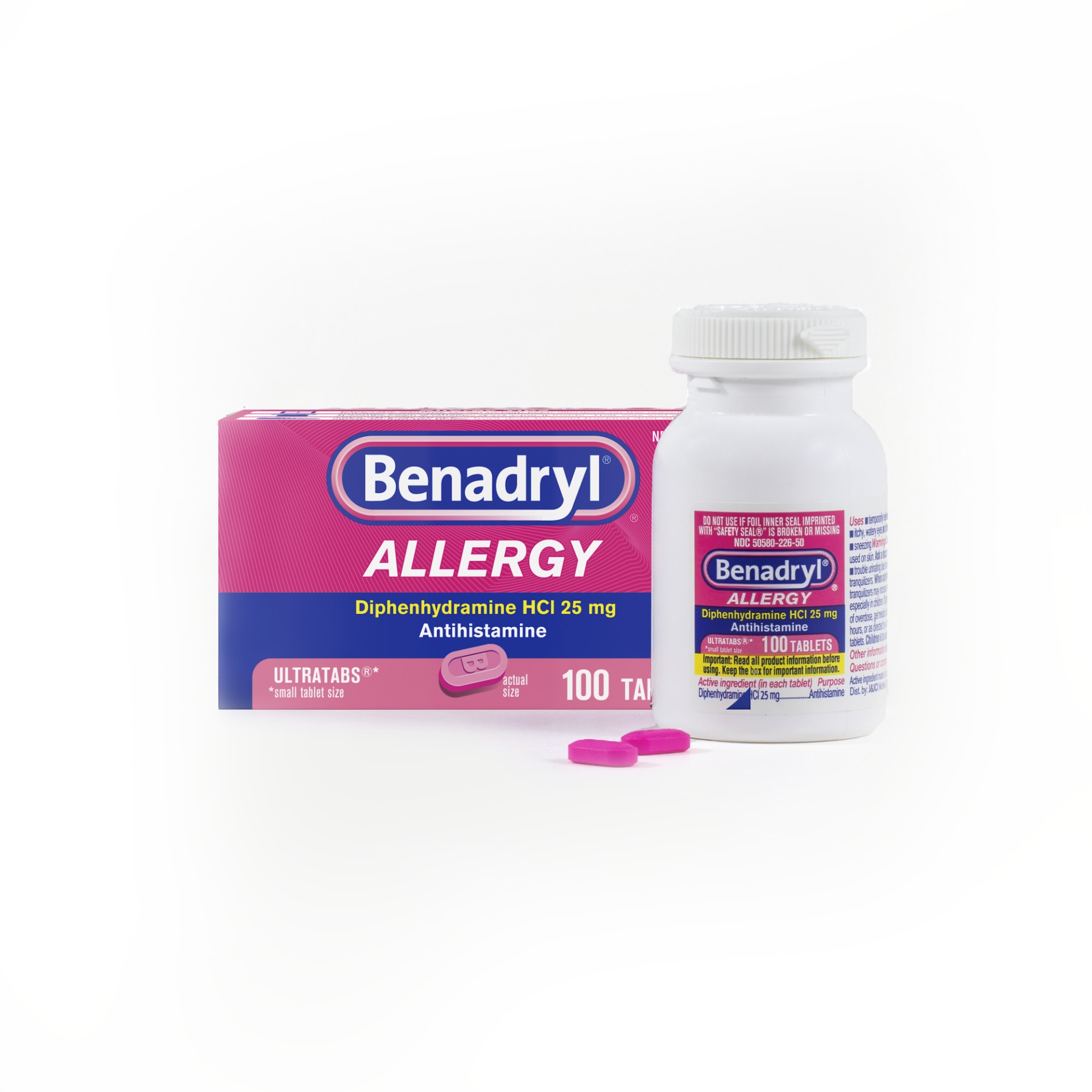 slide 1 of 5, Benadryl Ultratabs Antihistamine Allergy Relief Medicine, 25 mg Diphenhydramine HCl Tablets For Relief of Allergy Symptoms Due to Hay Fever, Upper Respiratory Allergies & More, 100 ct; 25 mg