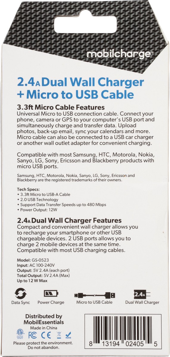 slide 5 of 9, MobilCharge + Micro to USB Cable 2.4A Dual Wall Charger 1 ea, 1 ct