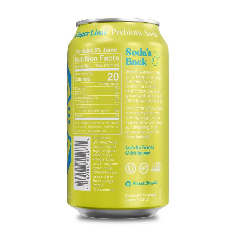 slide 2 of 6, Poppi Ginger Lime Prebiotic Soda - 12 fl oz Can, 12 fl oz