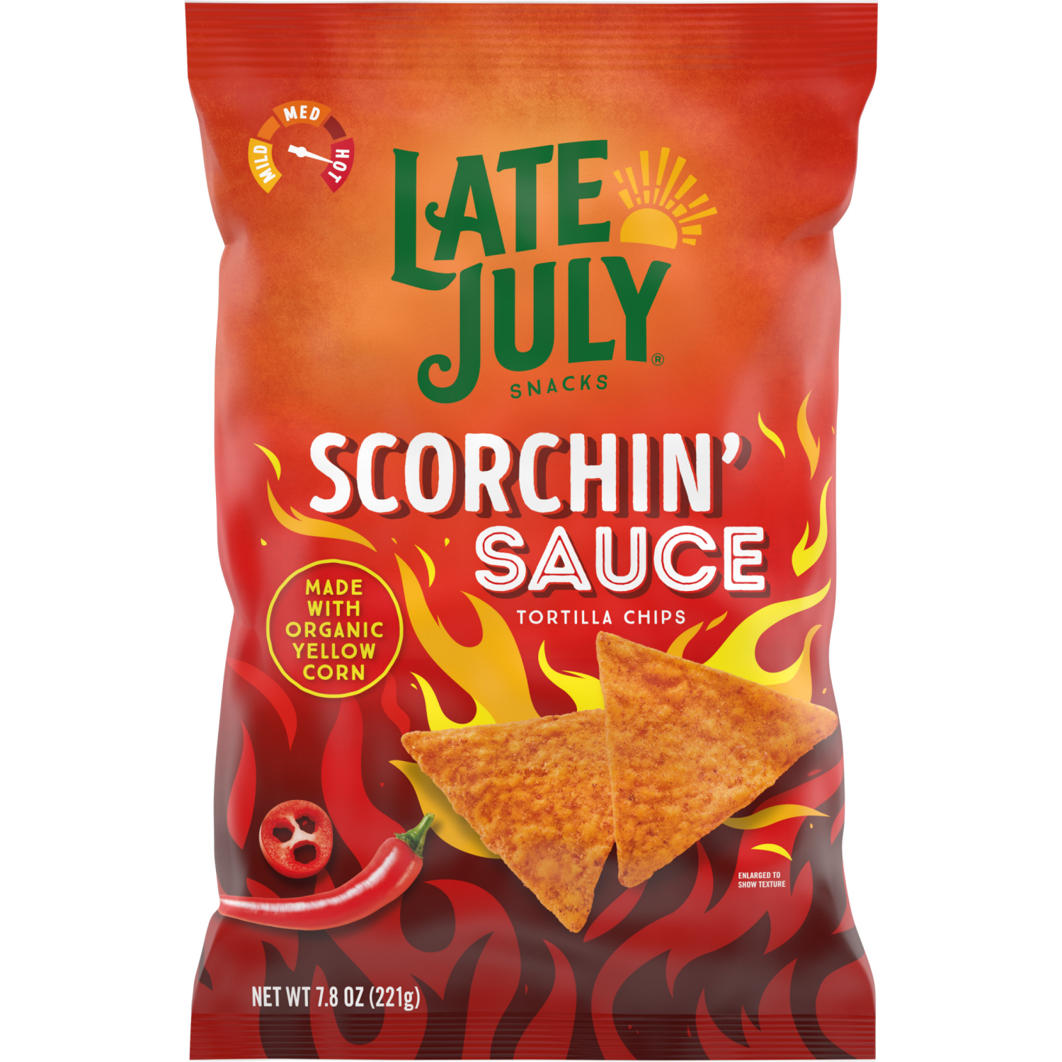 slide 1 of 8, Late July Snacks Scorchin' Sauce Corn Tortilla Chips, 7.800 oz