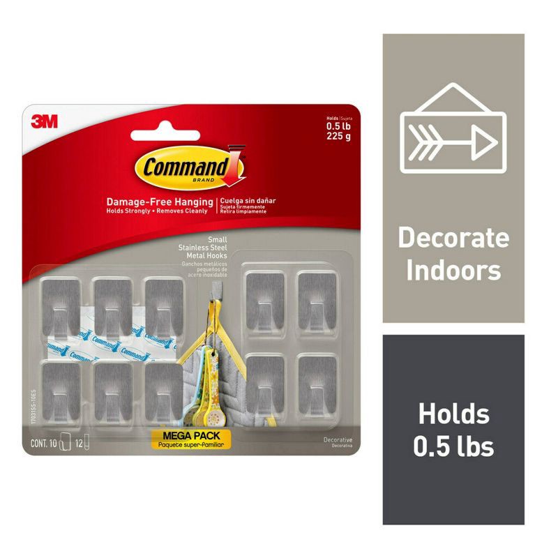 slide 2 of 11, Command 10pk Small Stainless Steel Hooks: Adhesive Hat & Comando Hooks, 0.5 lb Capacity, Silver, Metal, 90-Day Warranty, 10 ct, 0.5 lb