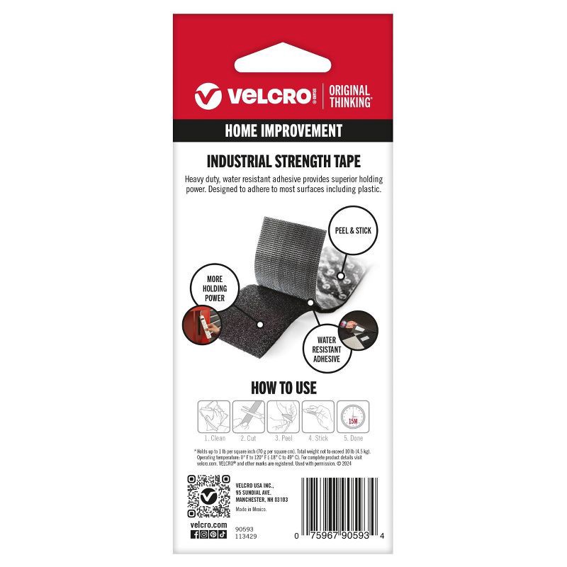 slide 8 of 13, VELCRO 4'x2'' Industrial Strength Tape Indoor and Outdoor Use Superior Holding Power on Smooth Surface Roll Black, 1 ct
