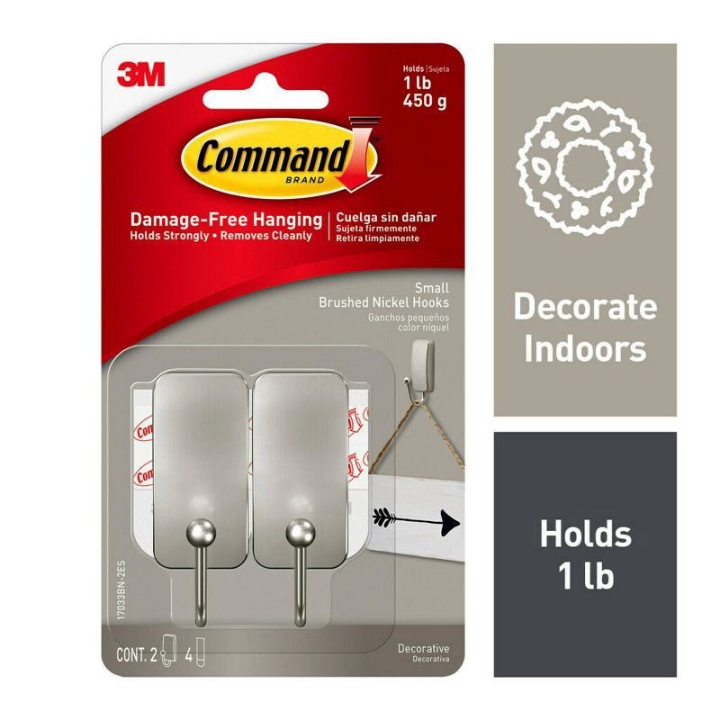 slide 2 of 11, Command Small Brushed Nickel Hooks: Metal Wall Hooks, Decorative, Painted Finish, 0.5 lb Capacity, Set of 2, 0.5 lb