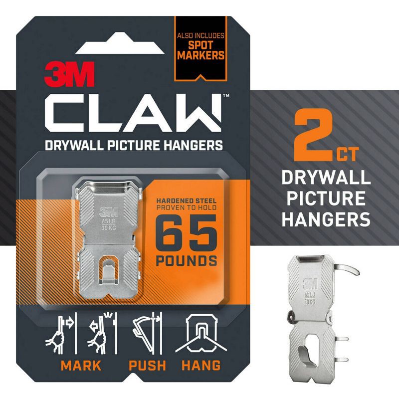 slide 3 of 15, 3M Claw Drywall Picture Hanger 65lb with Temporary Spot Marker + 2 hangers and 2 markers: Mirror & Picture Hanging Kit, 65 lb