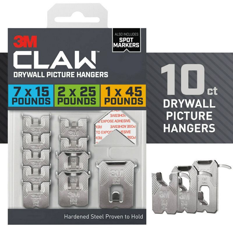 slide 3 of 17, 3M Claw Drywall Picture Hanging Kit: Metal Utility Hooks, 45 lb Capacity, 10 Pack, Gray, 45 lb, 10 ct