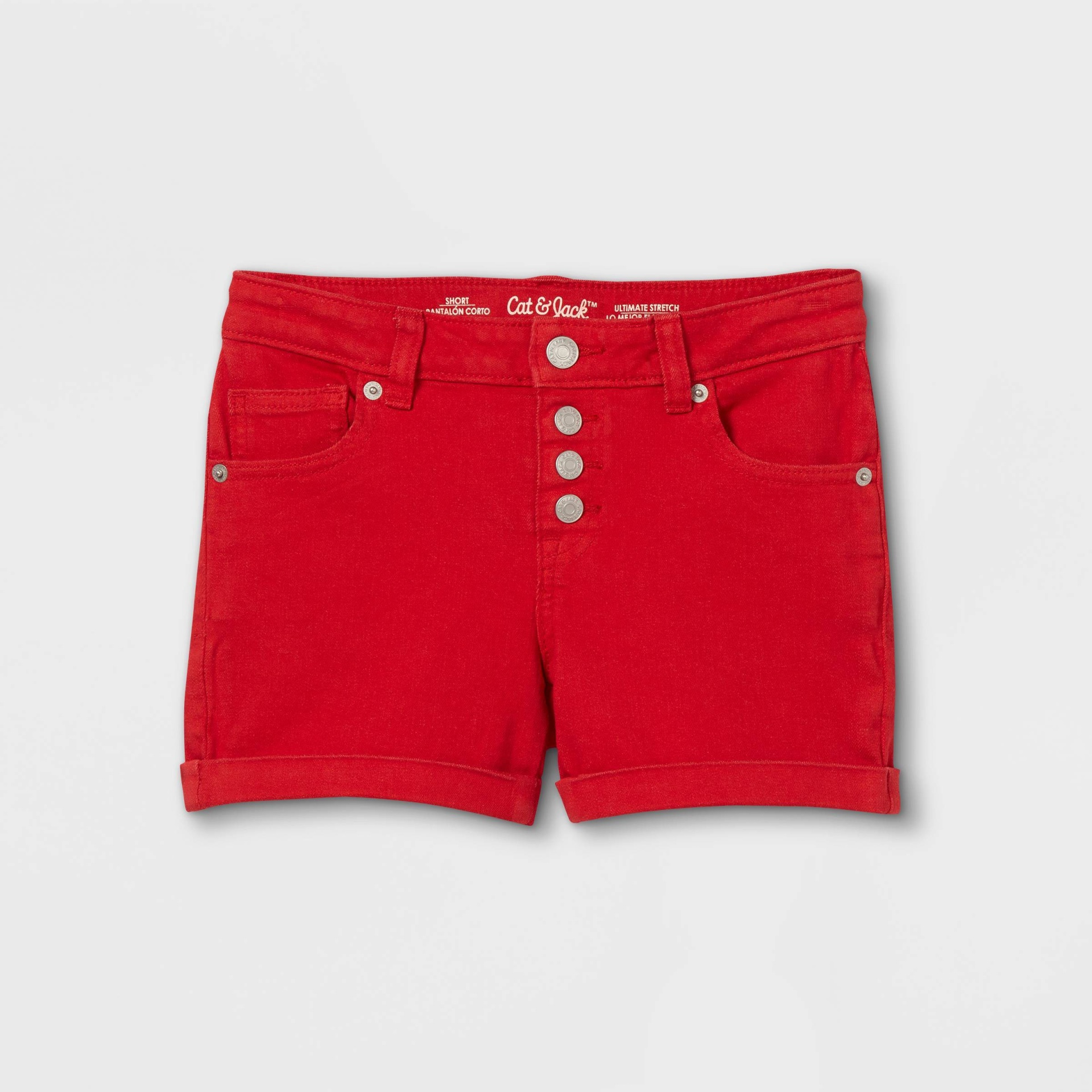 slide 1 of 3, Girls' Button-Front Jean Shorts - Cat & Jack Red XL, 1 ct