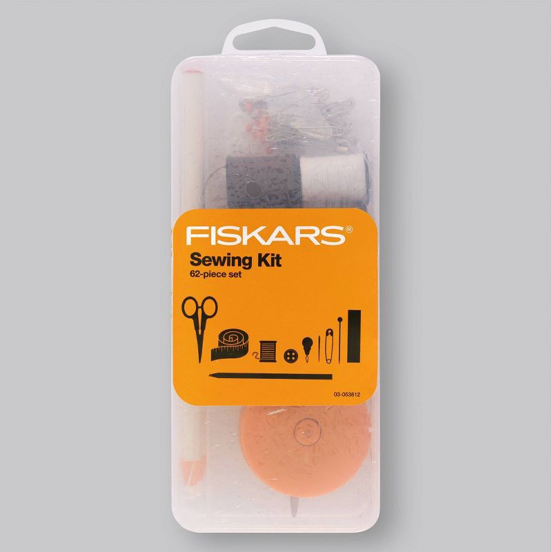 slide 1 of 6, Fiskars Sewing Survival Kit: Travel Size with Tape Measure, Needles, Thread & Scissors, 62 Pieces, 62 ct