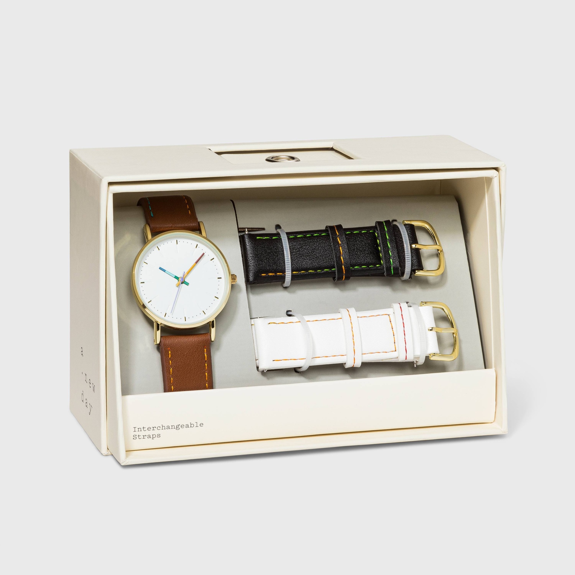 slide 1 of 3, Women's Rainbow Dial Strap Watch with Changeable Straps - A New Day Brown/Black/White, 1 ct