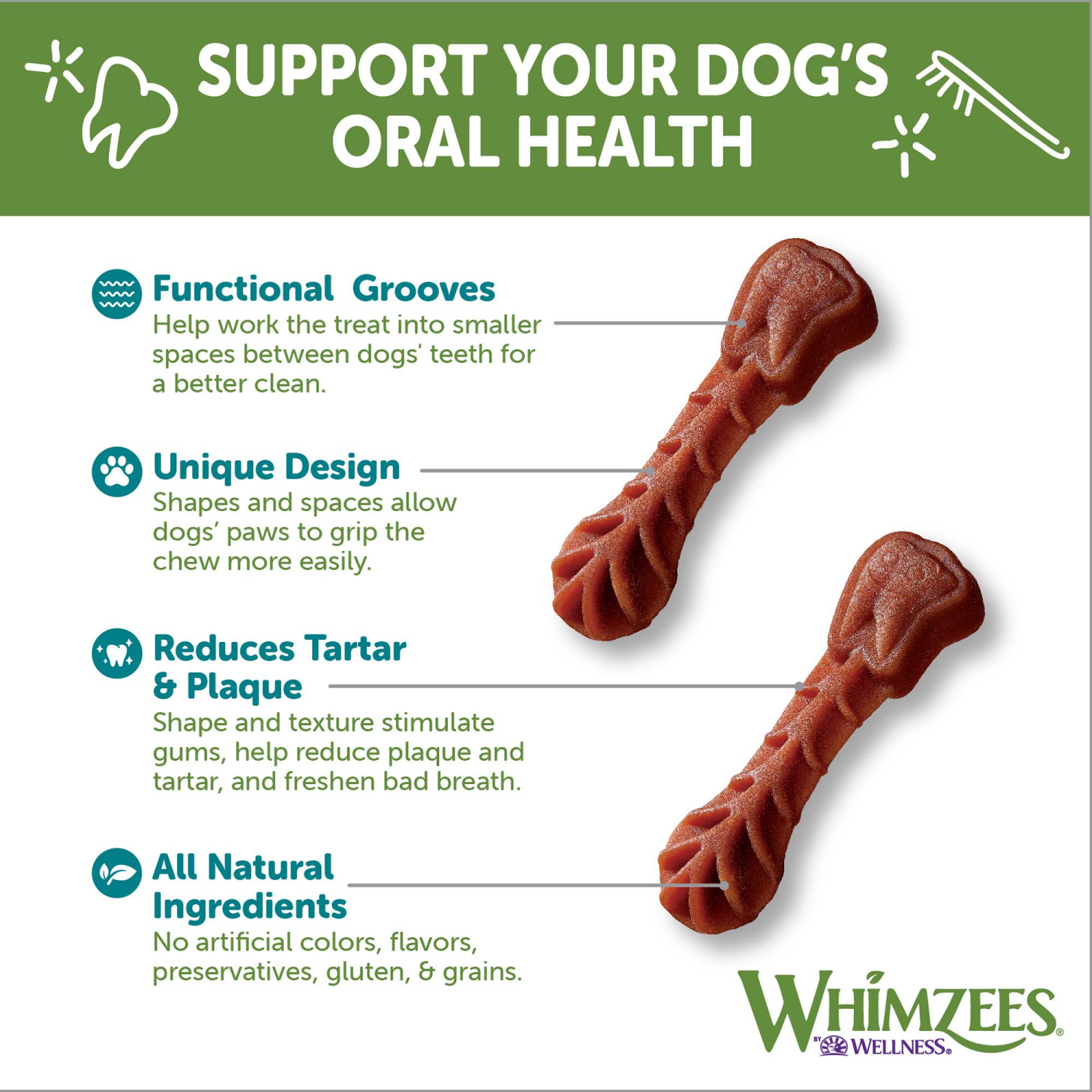 slide 2 of 3, WHIMZEES Wellness Brushzees Dog Dental Treats, Natural Chews, Small Size Stick, (24 Count), 1 ct
