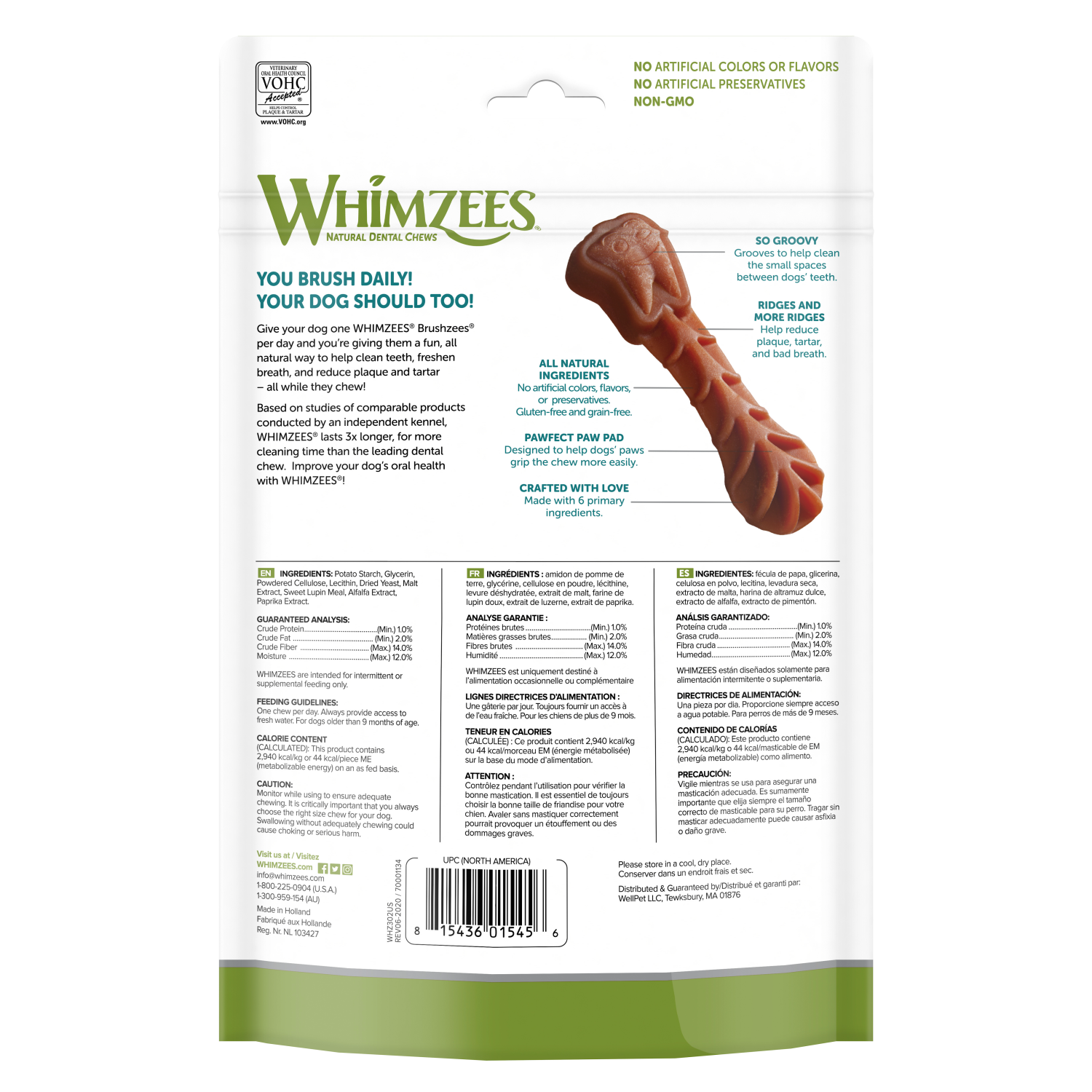 slide 2 of 4, WHIMZEES Wellness Brushzees Dog Dental Treats, Natural Chews, Small Size Stick, (24 Count), 1 ct