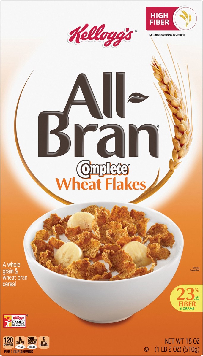 slide 4 of 7, All-Bran Kellogg's All Bran Breakfast Cereal, 8 Vitamins and Minerals, High Fiber Cereal, Complete Wheat Flakes, 18oz Box, 1 Box, 18 oz