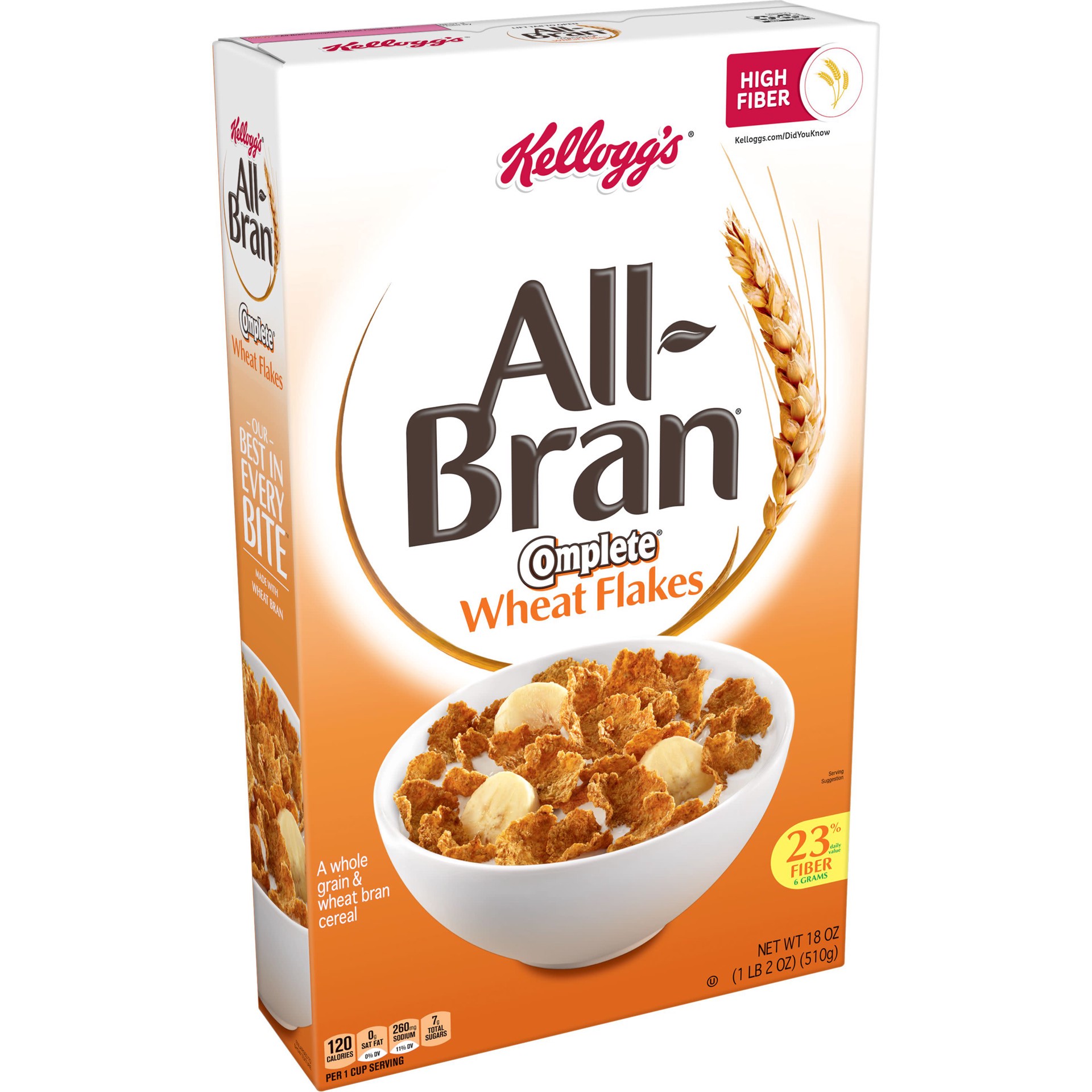 slide 1 of 7, All-Bran Kellogg's All Bran Breakfast Cereal, 8 Vitamins and Minerals, High Fiber Cereal, Complete Wheat Flakes, 18oz Box, 1 Box, 18 oz