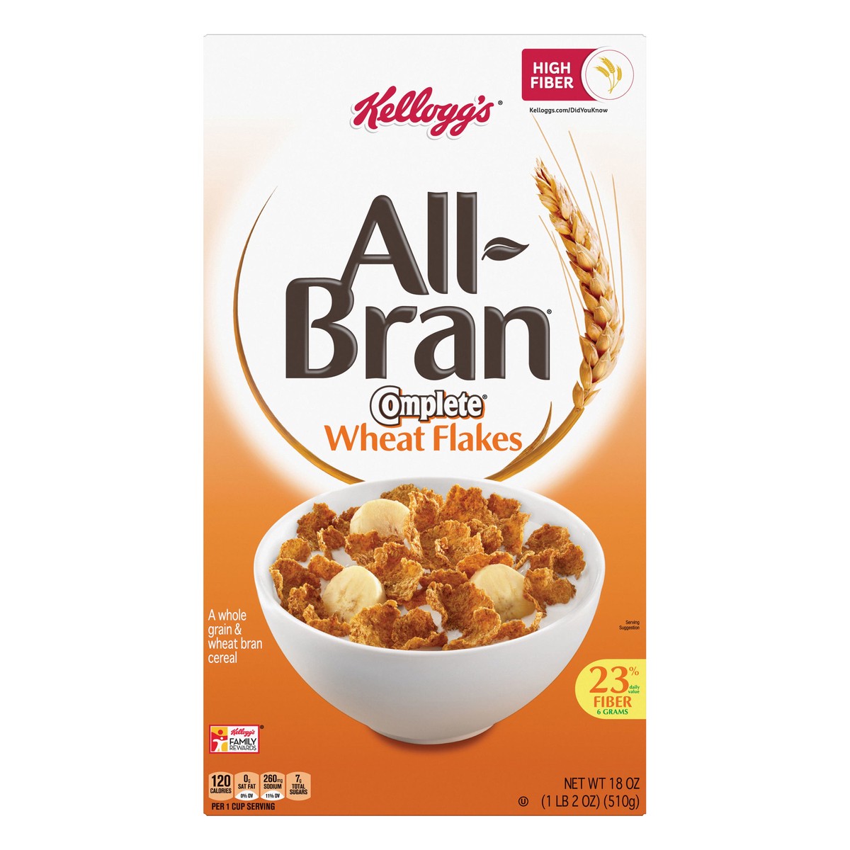 slide 1 of 7, All-Bran Kellogg's All Bran Breakfast Cereal, 8 Vitamins and Minerals, High Fiber Cereal, Complete Wheat Flakes, 18oz Box, 1 Box, 18 oz