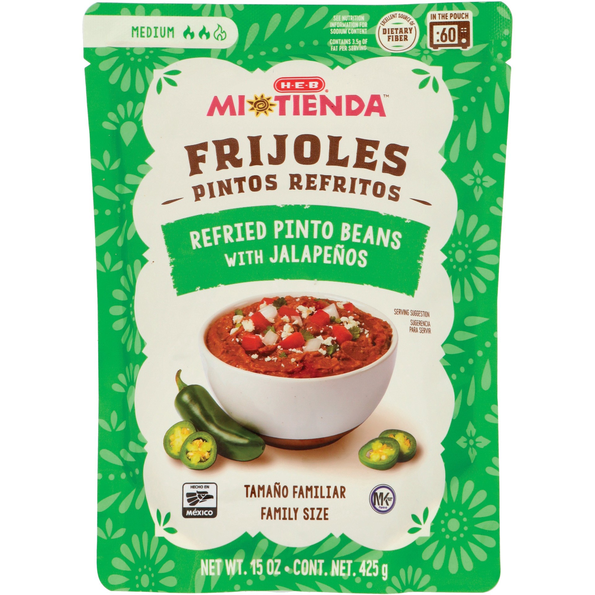 slide 1 of 1, H-E-B Mi Tienda Microwavable Refried Pinto Beans – Jalapeño, 15 oz
