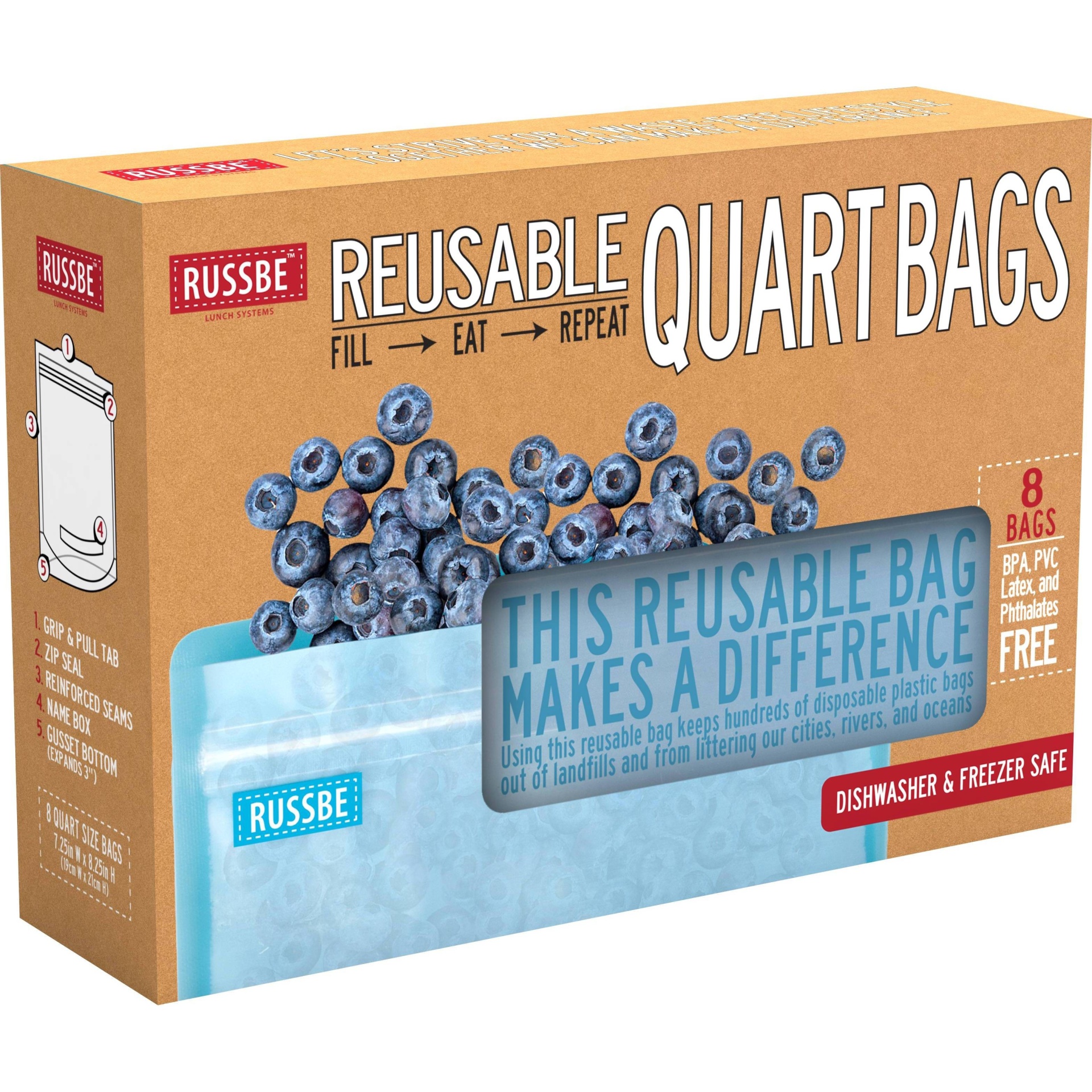 slide 1 of 4, Russbe Reusable Quart Bags, 8 ct