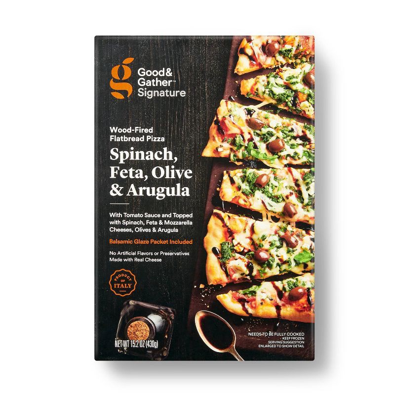 slide 1 of 3, Wood-Fired Spinach Feta Olive and Arugula Frozen Flatbread Pizza - 15.2oz - Good & Gather™, 15.2 oz