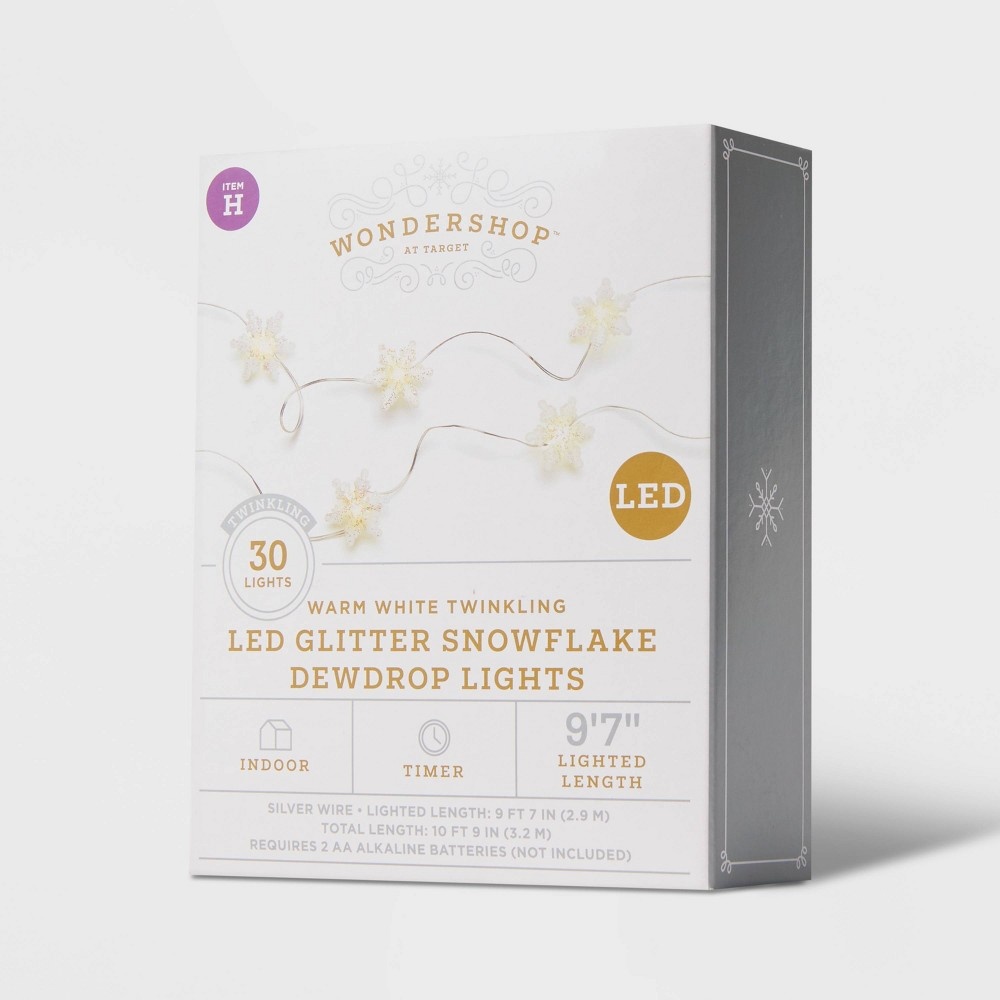 slide 3 of 4, Glitter Snowflake Dew Drop Battery Operated LED Christmas String Lights Warm White with Silver Wire - Wondershop, 30 ct
