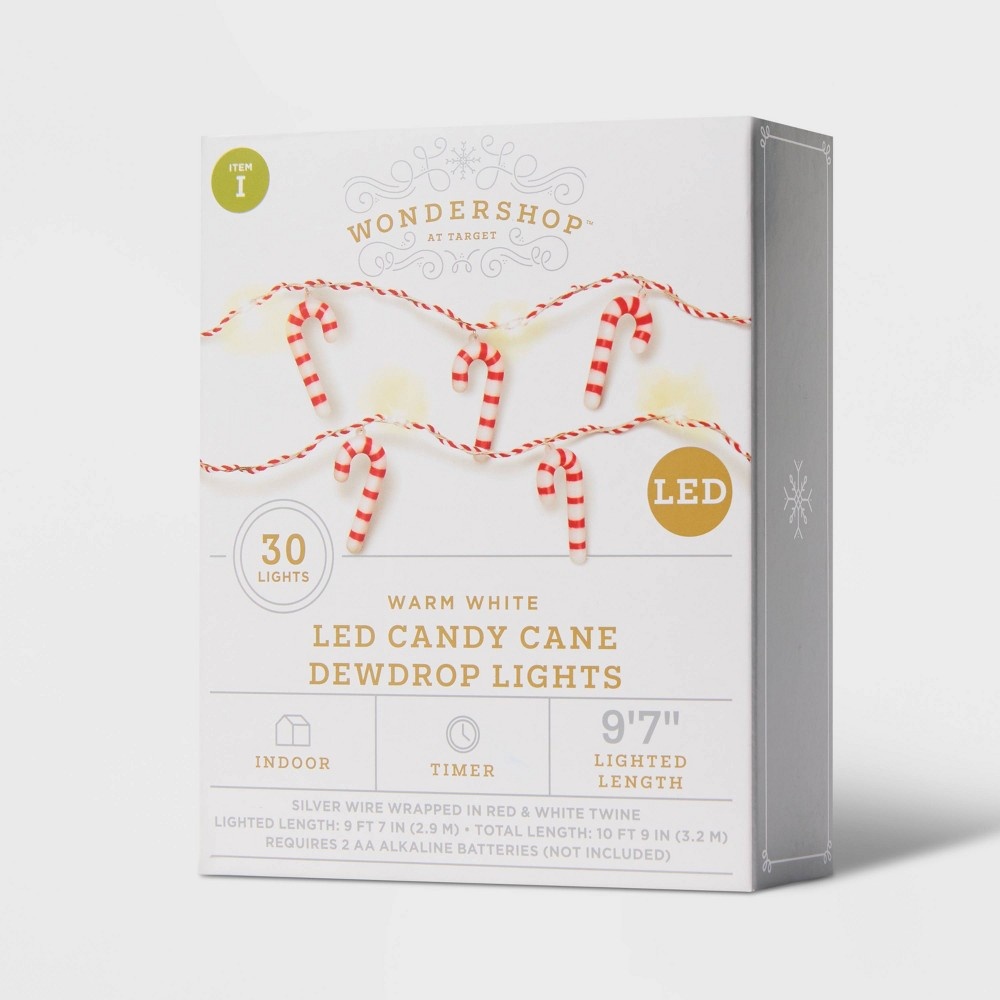 slide 3 of 4, LED Candy Cane Dew Drop Battery Operated Christmas String Lights Warm White with Silver Wire - Wondershop, 30 ct
