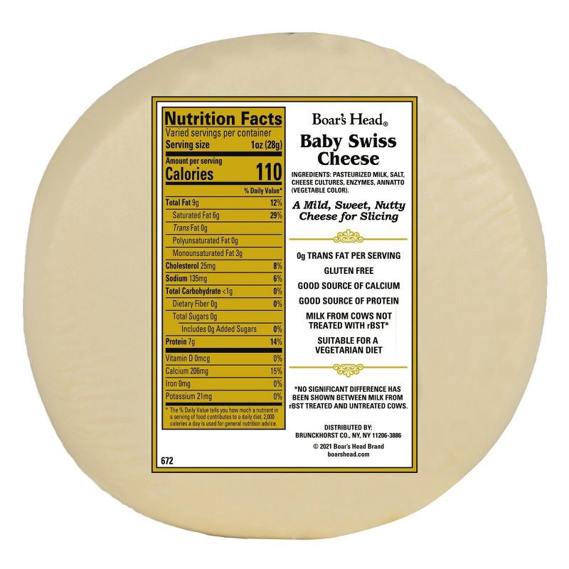 slide 3 of 3, Boar's Head Baby Swiss Cheese - 5lbs - price per lb, per lb