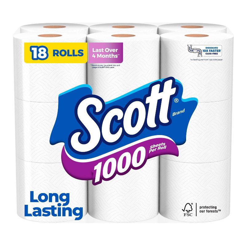 slide 1 of 9, Scott 1000 Septic-Safe 1-Ply Toilet Paper - 18 Rolls, 18 ct