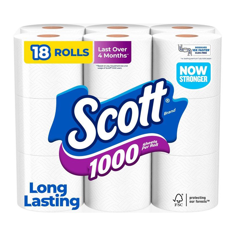 slide 1 of 8, Scott 1000 Septic-Safe 1-Ply Toilet Paper - 18 Rolls, 18 ct