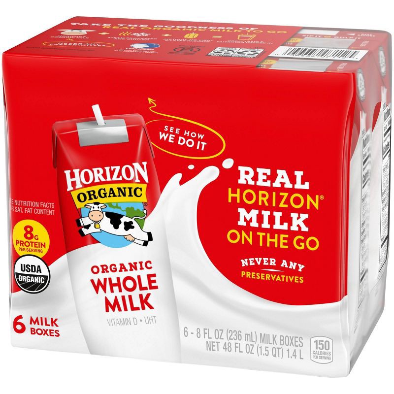 slide 6 of 10, Horizon Organic Whole Milk - 6pk/8 fl oz Boxes, 6 ct; 8 fl oz