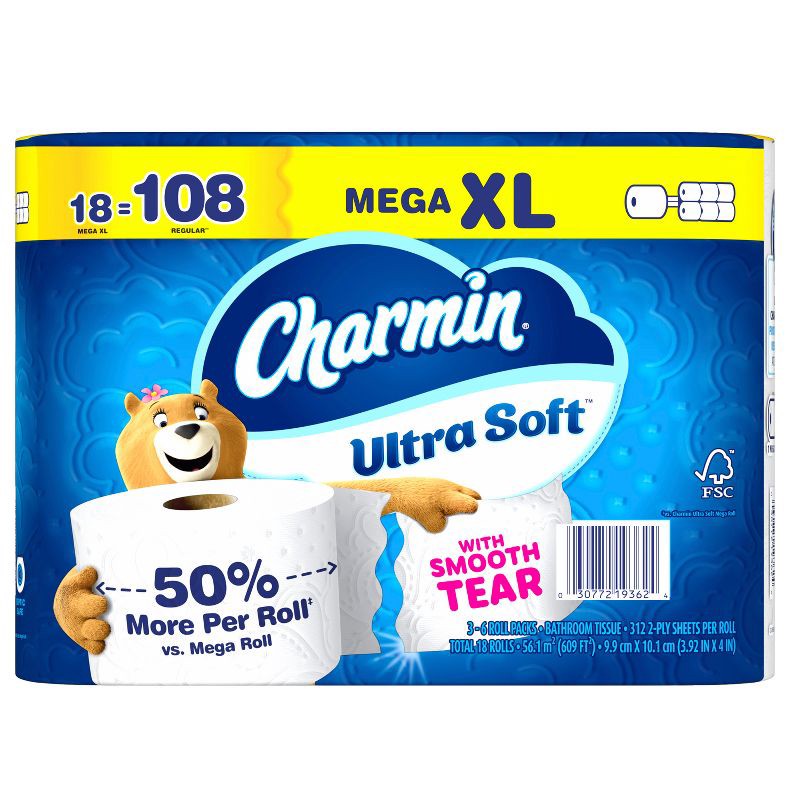 slide 14 of 15, Charmin Ultra Soft Toilet Paper - 18 Mega XL Rolls, 1 ct