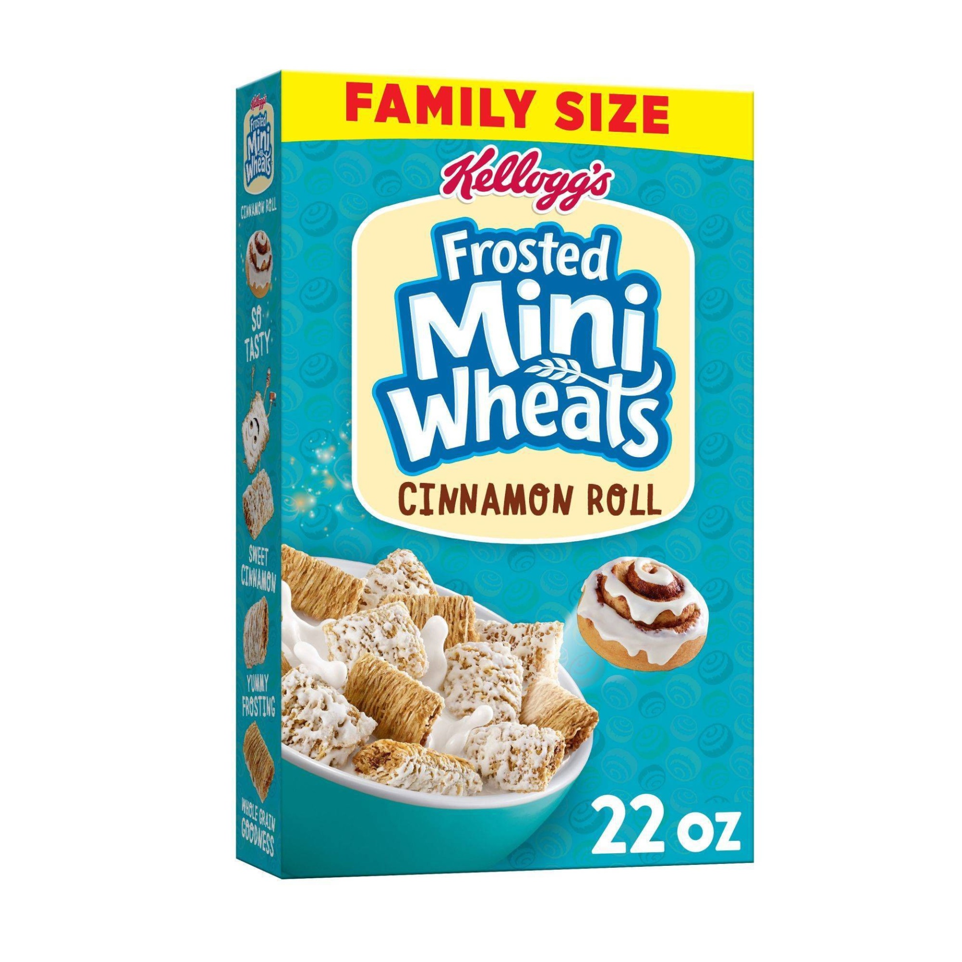 slide 1 of 7, Frosted Mini-Wheats Frosted Mini Wheat Cinnamon Family Size Cereal - 22oz - Kellogg's, 22 oz