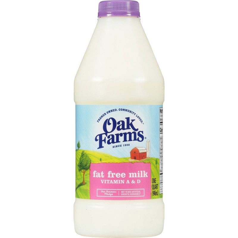 slide 1 of 8, Oak Farms Dairy Oak Farms Fat Free Skim Milk -1qt, 1 qt