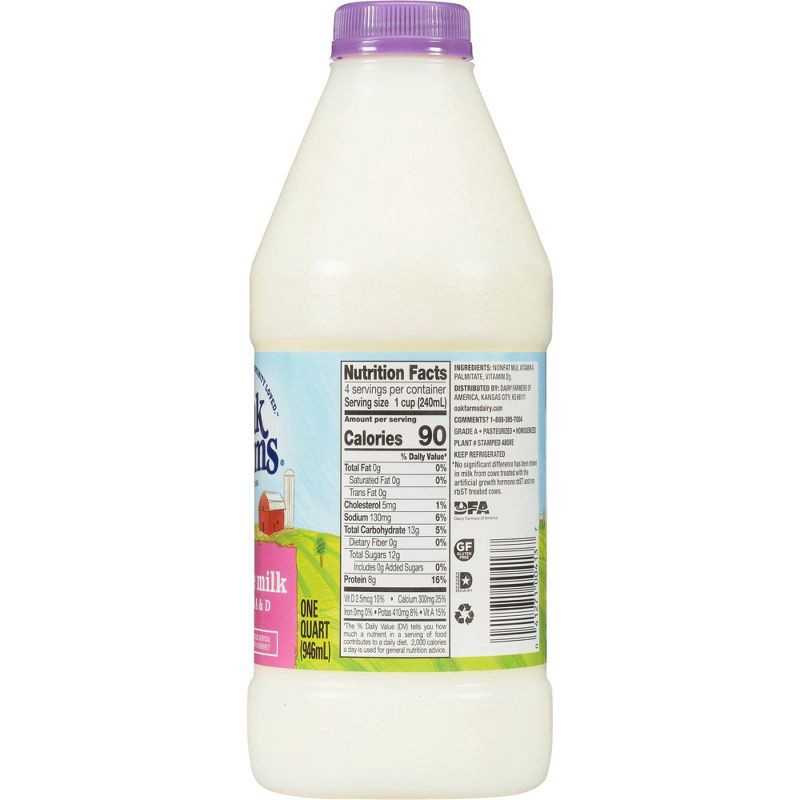 slide 5 of 8, Oak Farms Dairy Oak Farms Fat Free Skim Milk -1qt, 1 qt